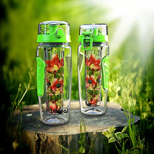 Willceal Fruit Infuser Water Bottle 32oz Durable, Large - BPA Free Tritan, Flip Lid, Leak Proof Design - Sports, Camping (Green)