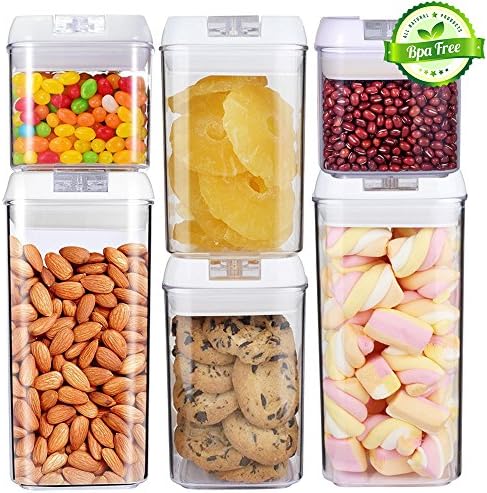 Airtight Food Storage Container BPA Free AUDIOR, 6 Piece Set, Clear Plastic Food Container with Airtight Lids, Reusable Stackable Dry Food Container for Flour Cereal Cookie Pasta Sugar Nuts and More