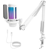 TONOR Gaming Microphone Arm Set, RGB Condenser Mic with Boom Arm, Quick Mute, Adjustable RGB Brightness, Pop Filter, Shock Mount, Gain Control for Streaming, Discord Twitch YouTube,TC310+ White