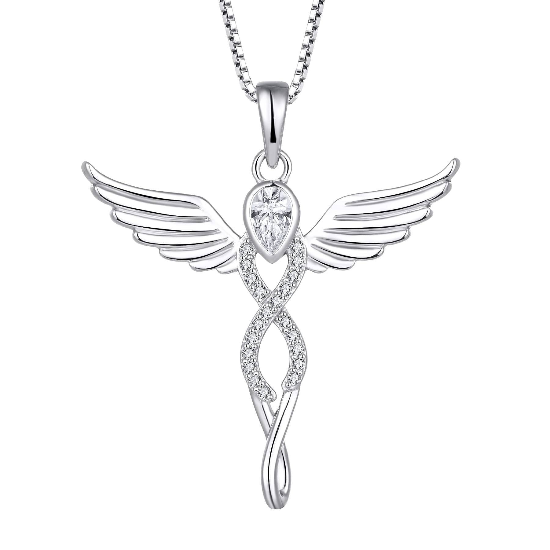 FJ Guardian Angel Necklace 925 Sterling Silver Infinity Angel Wings Necklace April Birthstone Pendant Cubic Zirconia Jewellery for Women