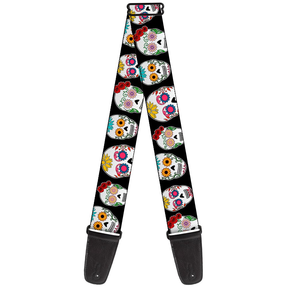 Buckle-Down GS-W37103 Guitar Strap - Staggered Sugar Skulls CLOSE-UP Black/Multi Color, 2" Wide - 29-54" Length