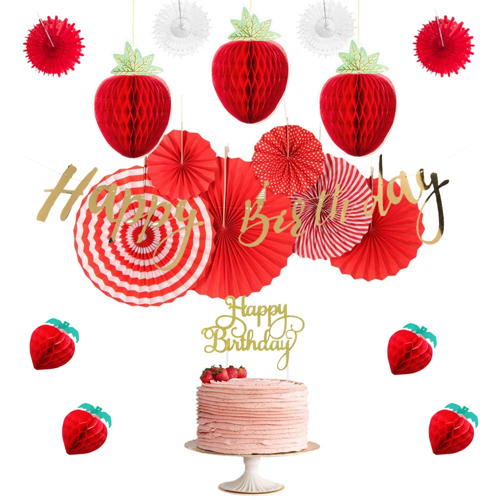 Bannieres Et Guirlandes Decorations Napravi Rs Sunbeauty Decoration Anniversaire Rouge Rosace Papier De Soie Fraise Deco Avec Happy Birthday Banner Cake Topper Or Pour Fille