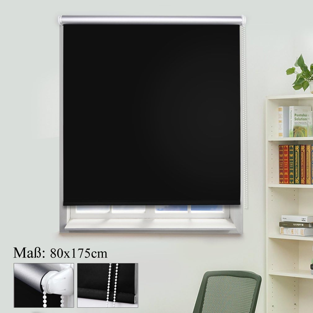 SHINY Home ® 80 x 175 CM Black Blackout Roller Blind Klemmrollo Curtains for Window and Door Roller Blind No Drilling Required Blackout Roller Blind Chain Roller Sun Blind with Clamp Brackets side adhesive coating
