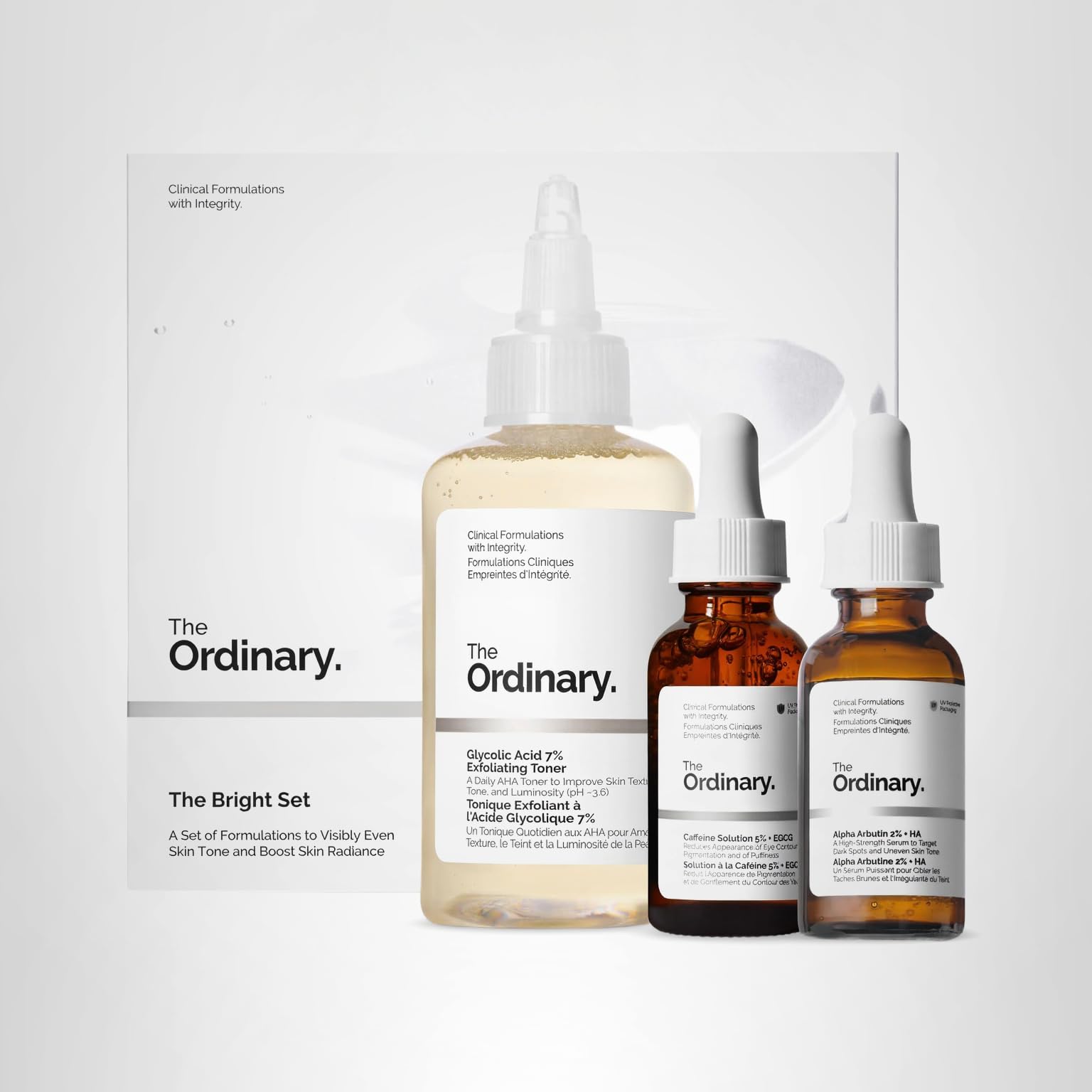 The Ordinary The Bright Set, 3-Step Regimen for Radiant, Even Skin Tone with Glycolic Acid 7% Exfoliating Toner, Alpha Arbutin 2% + HA, and Caffeine Solution 5% + EGCG | Skin Care Set