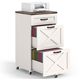 Halitaa 3 Drawer Small File Cabinet with Wheels, Farmhouse Vertical Filing Cabinet Fits Letter/A4 Size, Rolling File Cabinets Wooden Printer Stand for Home Office, Rustic White