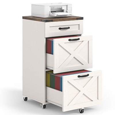Halitaa 3 Drawer Small File Cabinet with Wheels, Farmhouse Vertical Filing Cabinet Fits Letter/A4 Size, Rolling File Cabinets Wooden Printer Stand for Home Office, Rustic White
