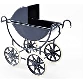 Dolls House Navy &amp; White Baby Pram 1:12 Scale Old Fashioned Nursery Furniture