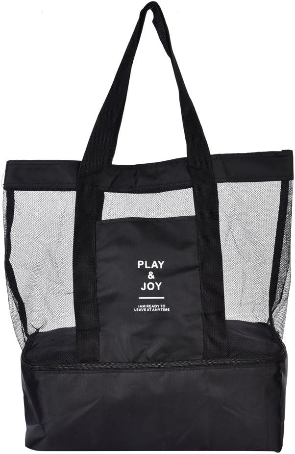 Handheld Lunch Bag Mesh Beach Bag Picnic Bag with Insulated Cooler Two-Layer Structure Travel Totes Food Drink Storage