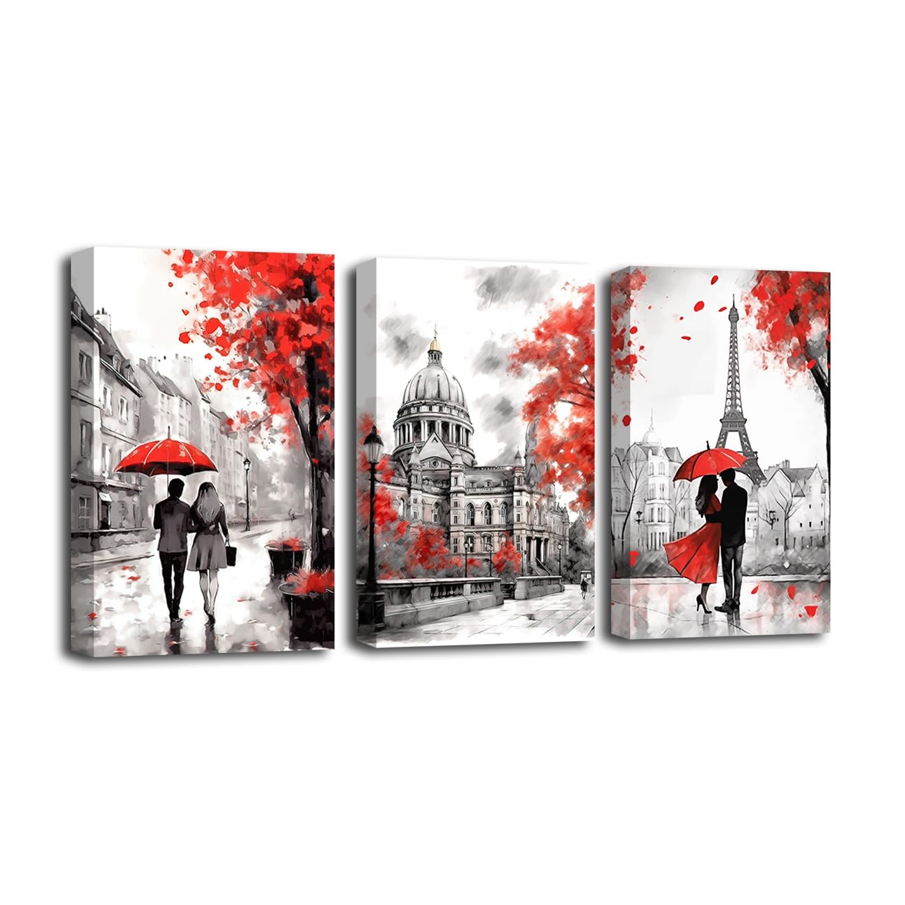 CXHOSTENT Black White and Red Canvas Wall Art 3 Piece Romantic Couple with Umbrella Street Scenery Painting Prints Anniversary Decor Framed (C, 28.00 x 35.00 cms x 3PCS)