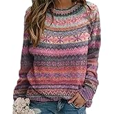 Womens Fair Isle Sweaters Vintage Argyle Iceland Norway Sweater Colorful Crew Neck Long Sleeve Pullover Jumper Tops
