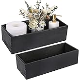 LotFancy Bathroom Decor Box, 2 Pack Wooden Toilet Paper Holder, Black Toilet Tank Storage Basket, Farmhouse Rustic Back of Toilet Tray