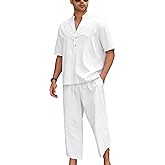 Men Linen Sets Outfits 2 Piece Short Sleeve V Neck Shirt and Harem Capri Pants Walking Suits For Men Beachwear