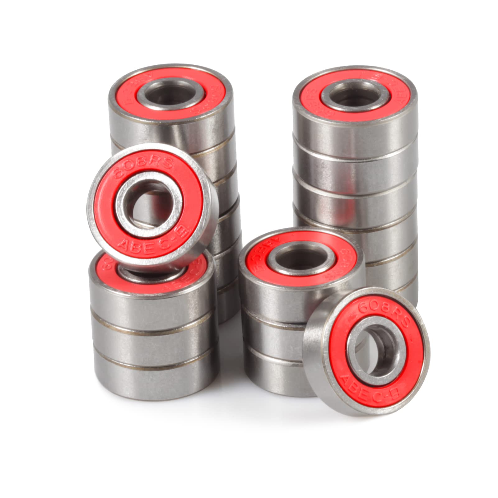 SPEEDWOX 20 Pcs Skateboard Ball Bearings 608 2RS Double Rubber Seal Miniature Bearings Carbon Steel Deep Groove Bearings for Skateboard Longboard Roller Skate Fidget Spinner, Red 8x22x7mm