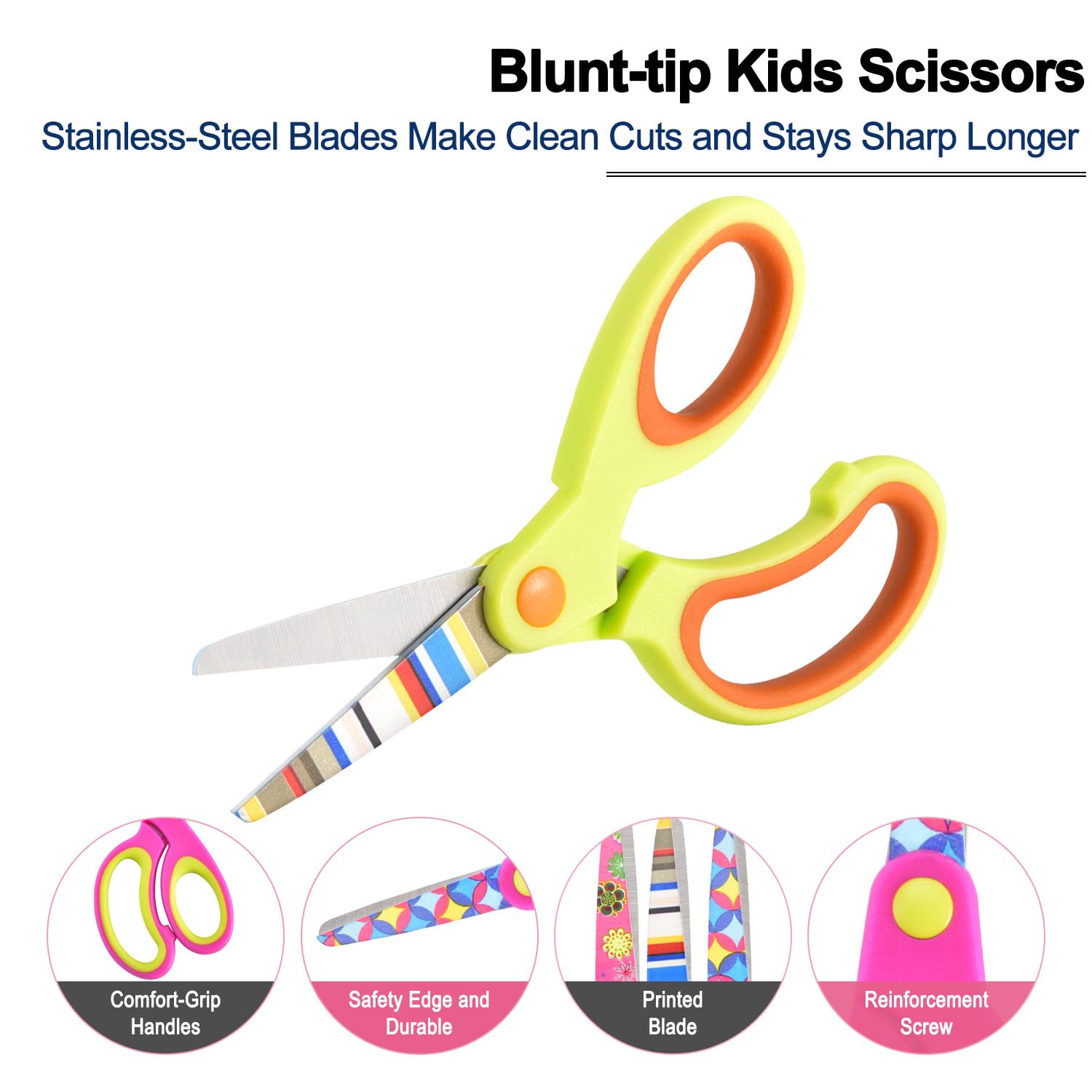 Zicolu Kids Scissors Set of 3 pack, Safety Children Scissors, Craft Scissors with Blunt Tip Floral Print Blade and Soft Grip, Great for Home and School, Blue/Purple/Yellow, 5 inch