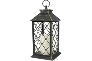 Bright Zeal 13.5" Outdoor Candle Lantern Decorative with LED Pillar Candle Battery Powered (Distressed Gold, 6hr Timer) - IP44 Waterproof Decorative Tabletop Lanterns Hanging Lanterns Indoor Outdoor