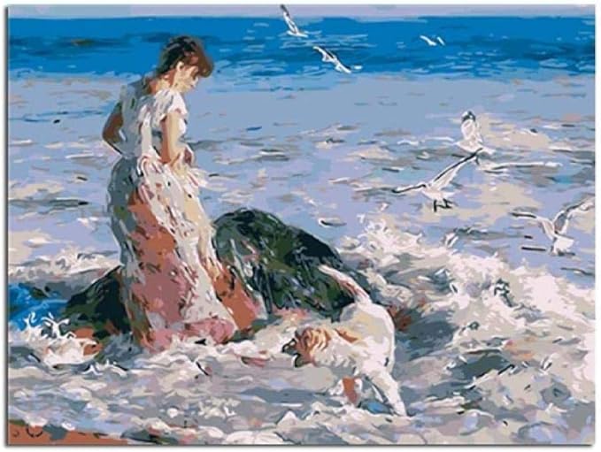 Malen nach Zahlen DIY Frau und Hund am Meer DIY Digitales