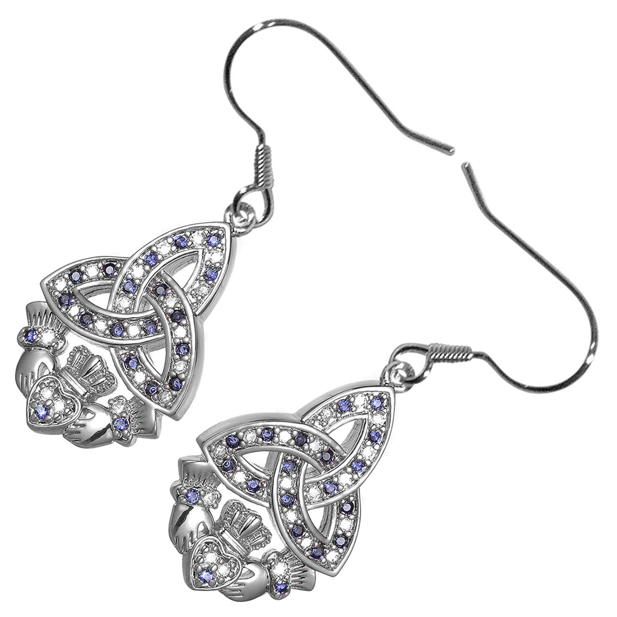 GWG Jewellery 18K White Gold Coated Celtic Trinity Knot Paved with Sapphire Blue Stones Unique Claddagh Earrings in Gift Box for Women