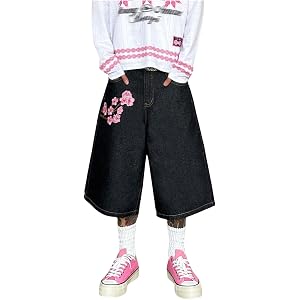 WDIRARA Men's Floral Embroidery Jean Shorts Wide Leg Streetwear Bermuda Denim Shorts with Pockets