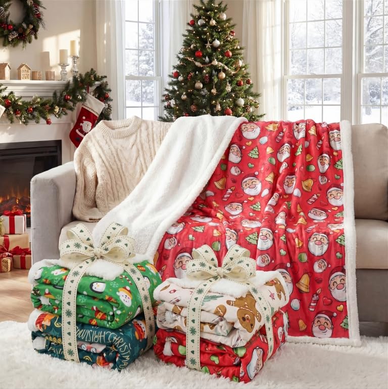 Photo 1 of *** PARTIAL SET *** 4 Pcs Christmas Sherpa Throw Blankets for Couch Bed Sofa Xmas Fleece Throw Blankets Soft Warm Christmas Decorations Cozy Fleece Fuzzy for Xmas Winter Holiday(50 x 60 Inches,Santa Style)
