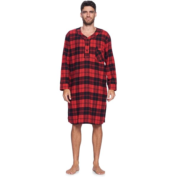 thumbnail image 2 of Men's Cotton Flannel Nightshirt - Long Sleeve Nightgown With Pocket, Christmas Plaid, Mid-Length, Notch Collar 2 of 10