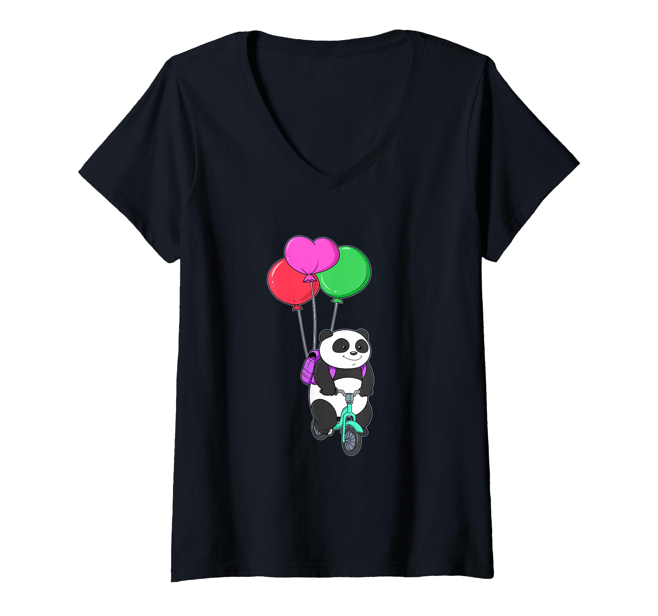 Women's Radel Panda Bear Bicycle Balloon Pedal Balloon Bike Rider V-Neck T-Shirt