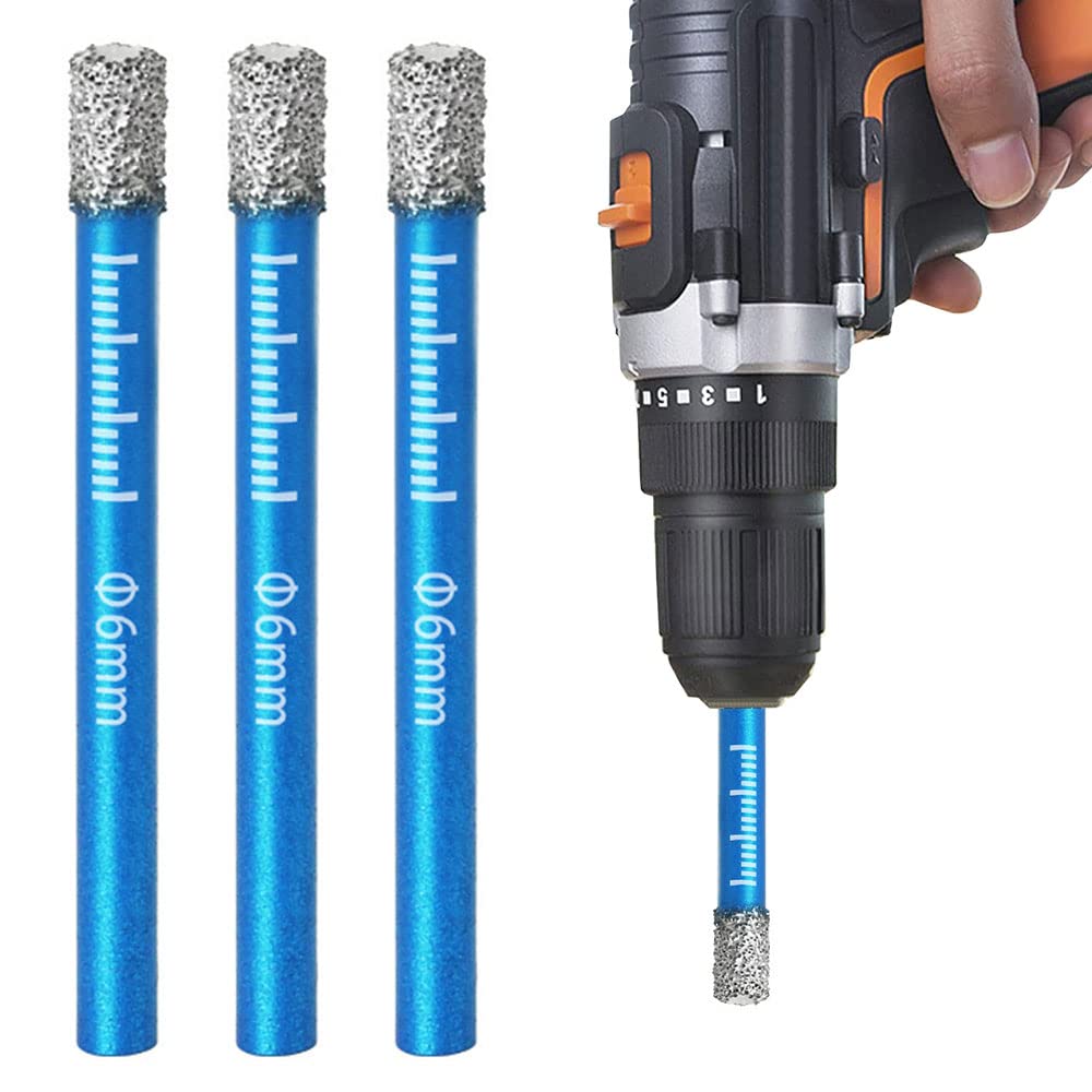 3 Pcs 6mm Diamond Tile Drill Bit Set for Granite, Ceramic, Marble, Stone, Glass - Hard Materials Round Shank Dry Drill Bits