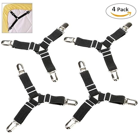 CHRONEX Nylon Adjustable Fasteners Suspenders Gripper, Triangle and Elastic Straps Clips for Various Bed Sheets, Mattress Covers (Black) - 4 Pieces