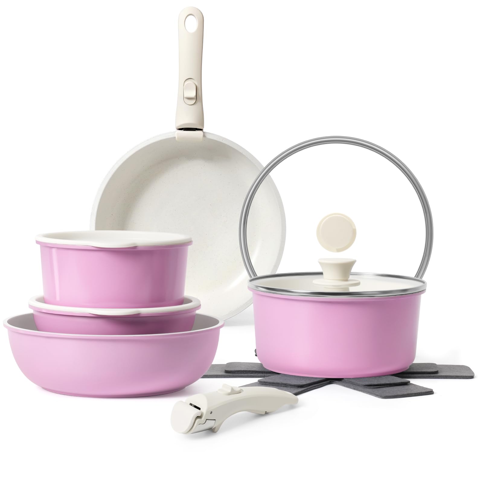 SODAY 15Pcs Pots and Pans Set Non Stick, Cookware Sets with Detachable Handle, Nonstick RV Kitchen Cooking Tools Removable Handles, Oven Safe, Induction Fast, Stackable Induction Cookware, Pink Image