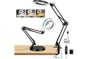 10X Magnifying Glass with Light and Stand, Drdefi 2-in-1 LED Lighted Magnifier, 3 Color Modes Stepless Dimmable, Hands Free Magnifying Desk Lamp with Clamp for Repairing Reading Craft Hobby