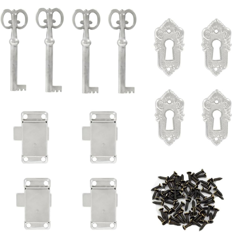 yufana 4 Piece Set Vintage Drawer Lock, Vintage Cabinet Lock, Antique Lock, Vintage Lock Set, Antique Lock and Key, Decorative Furniture Lock, Suitable for Cabinets, Jewelry Boxes, Cosmetics,