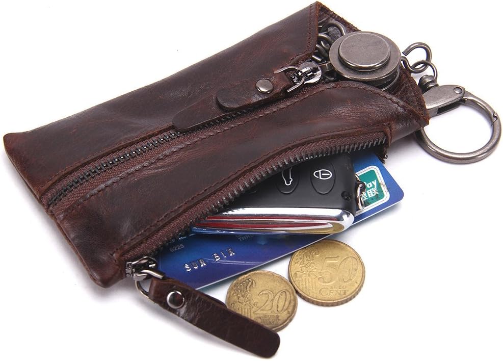 Contacts Genuine Leather Zipper Coin Pocket Purse Car Key Case Holder Keychain Wallet Dark Brown(Size: one size)