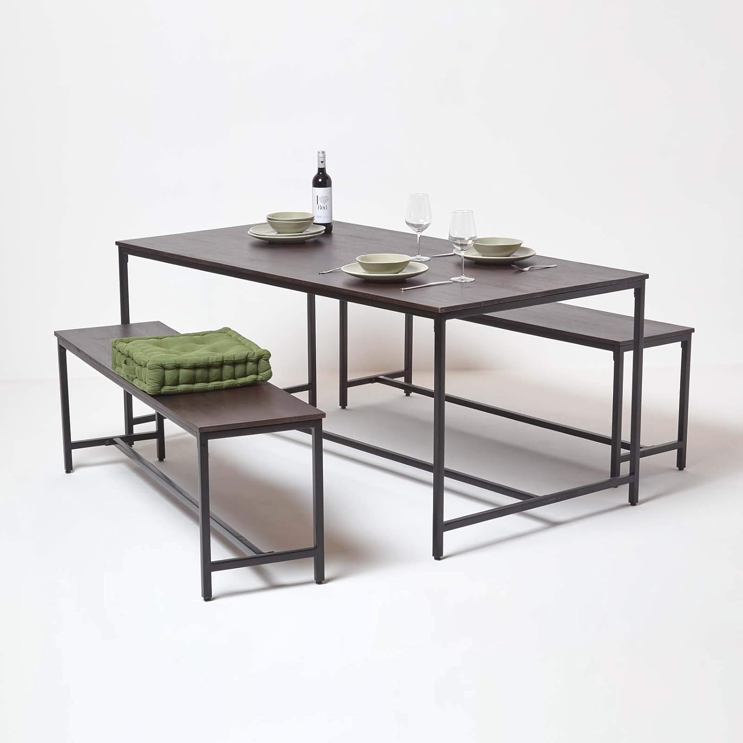 Homescapes Large Dining Table Bench Set Industrial 100 Solid Dark Wood With Black Metal Legs 175 X 90 X 76 Cm Soho Wooden Kitchen Table Set With 2 Benches For 6