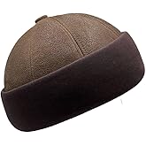 Lukkizara Unisex Genuine Leather Docker Hat Rolled Cuff Brimless Worker Skullcap Street Hip Hop Beanie Cap Retro