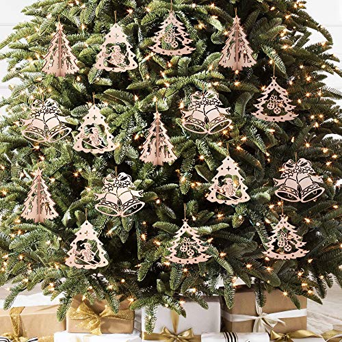 PartyBus Christmas Wood Cutouts, Unfinished Tree-Shaped Wooden Ornaments for Holiday Card Decoration, Xmas Gift Tags for Kids Art & Craft DIY, Burlap String Pre-Tied Slices Rustic Coaster DÃ©cor