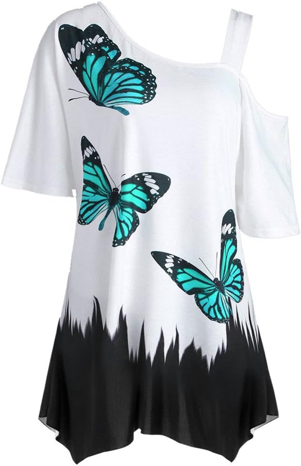 Women Plus Size Butterfly Cold Shoulder T-Shirt Large Size Short Sleeve Tops Blouse