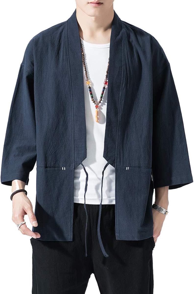 PRIJOUHE Men's Kimono Jackets Cardigan Lightweight Casual Cotton Blends Linen Seven Sleeves Open Front Coat Outwear at  Men’s Clothing store