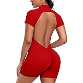 SEASUM Workout Jumpsuits for Women Zip Up Romper Open Back Bottom Short Sleeve Sexy Workout Bodysuit for Gym