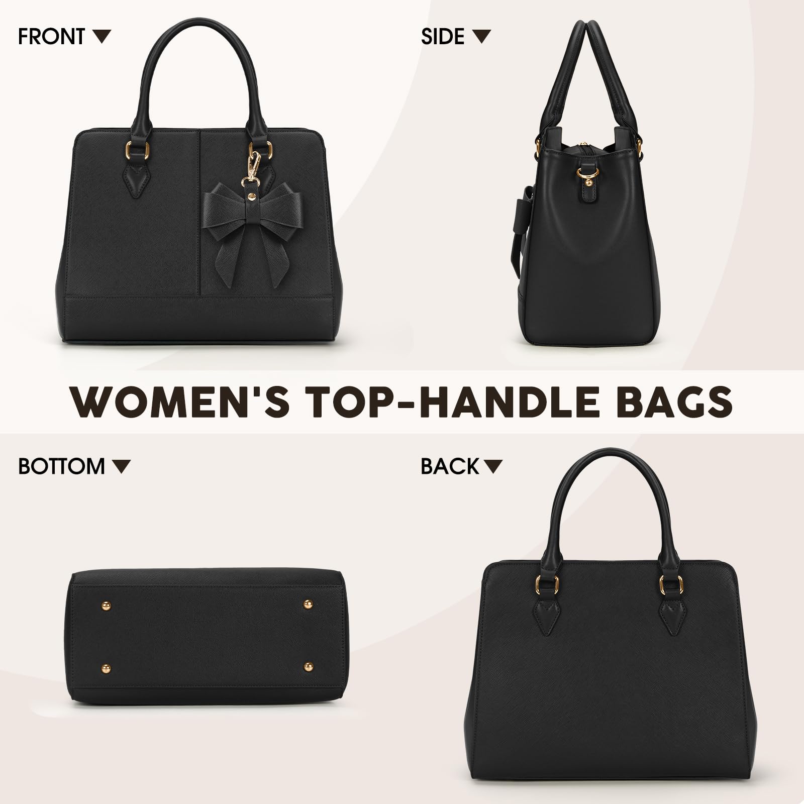 RAINSMORE Handbags for Women Waterproof Ladies Handbags PU Leather 13 Inch Women's Top-Handle Bags Medium Womens Shoulder Bags Fashion Tote Bag for Work Business Casual Black