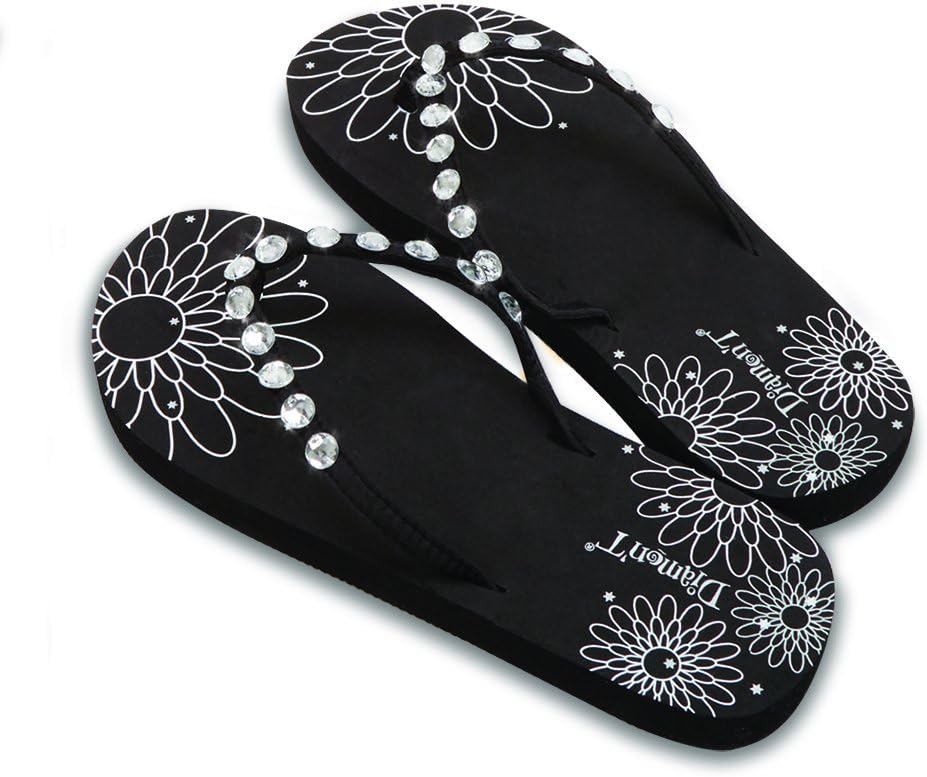 Diamon't Just Married Diamante Flower Pattern Womens Flip Flops Medium 5-6 - Black