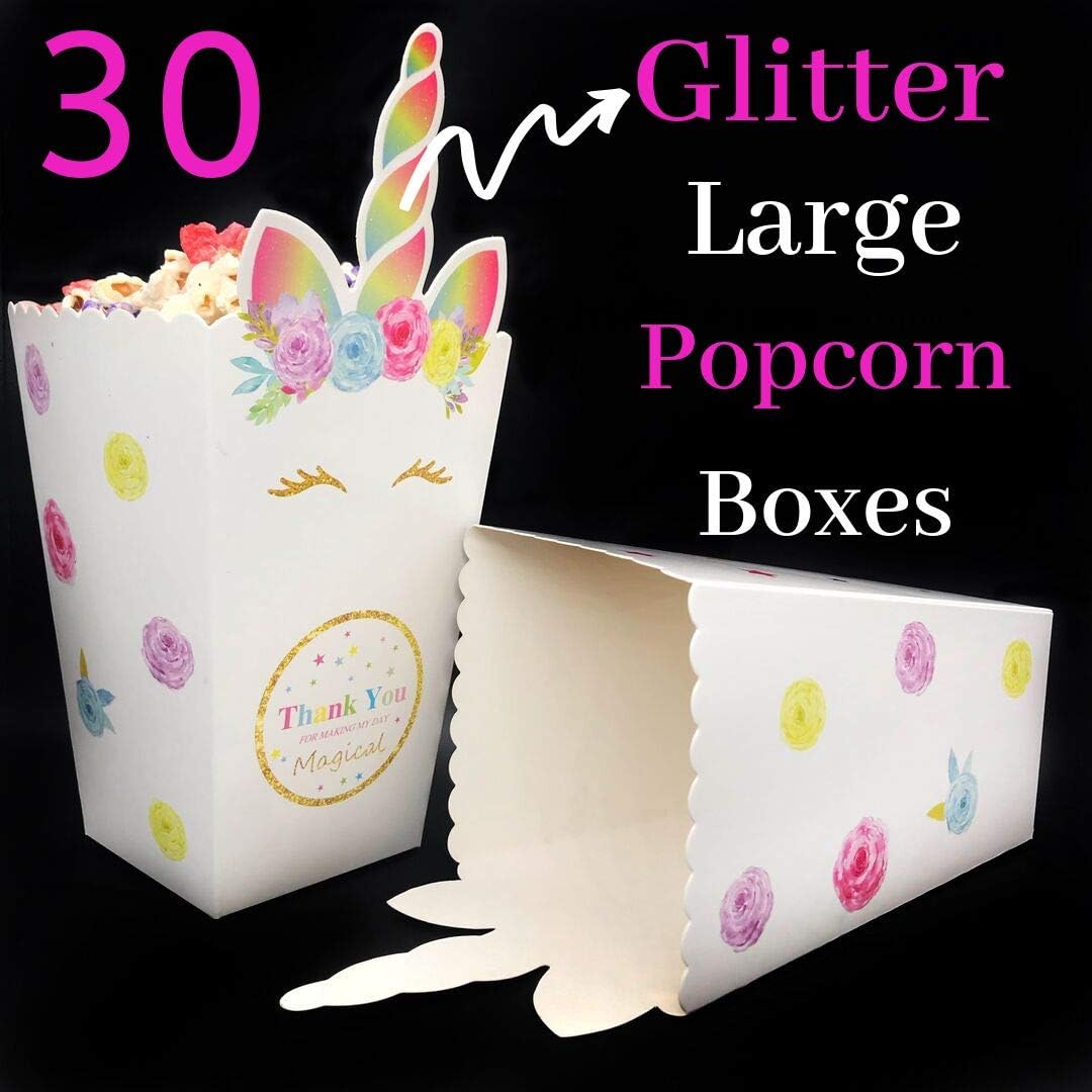 Unicorn Popcorn Boxes for Party GLITTER HORN (Pack of 30) Unicorn Party Supplies Favors Candy Containers for Baby Shower Decorations Treat or Movie Night