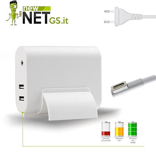 title=ALIMENTATORE NEWNET COMPATIBILE 60W Magsafe 1 + 2 Porte USB aggiuntiva per