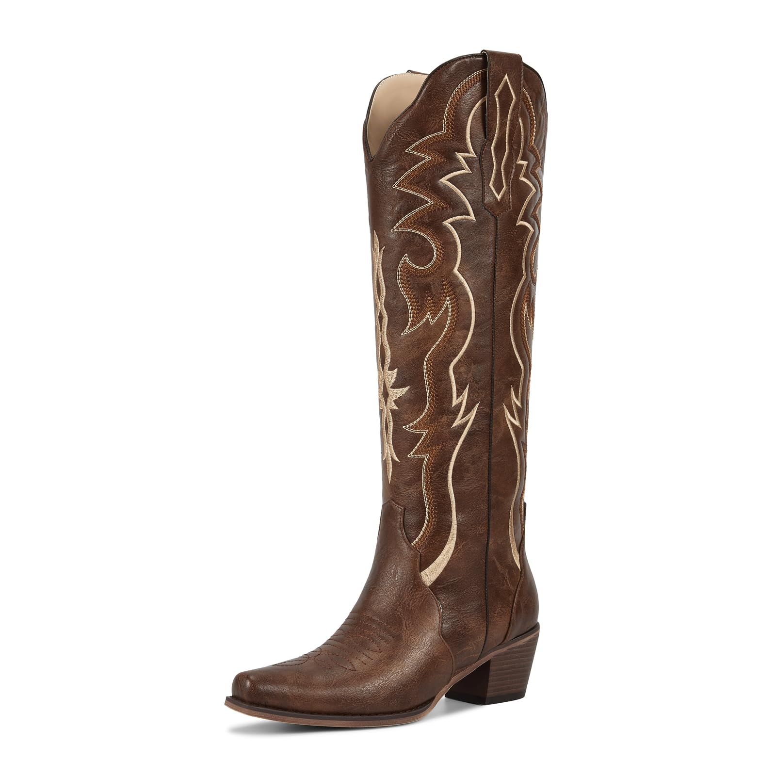 Photo 1 of wetkiss Brown Cowboy Boots for Women Knee High Cowgirl Tall Boots with Classic Retro Embroidered Chunky Heel Slip On Pointed Toe Womens Western Boots for Girls Ladies