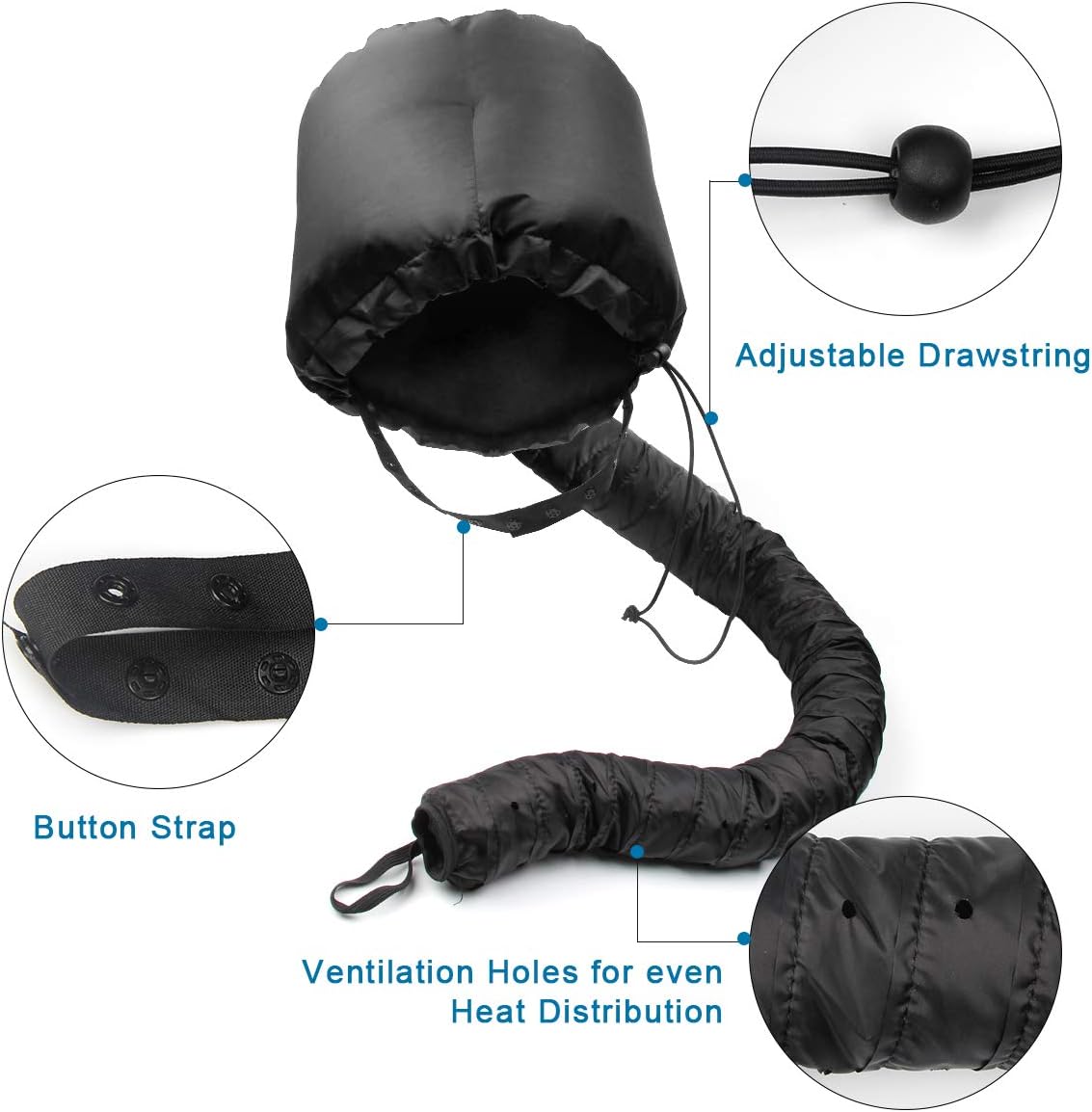 Upgraded Bonnet Attachment, Adjustable Hood Hair Dryer Hat with Extended Hose Length (Black) - Image 3