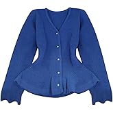 GORGLITTER Women's Button Up Peplum Sweater Knit Pearl Long Sleeve V Neck Ruffle Cardigan Sweaters
