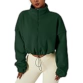 QINSEN Women's Full Zip Fleece Short Jacket Warm Winter Long Sleeve Stand Collar Sherpa Crop Coat