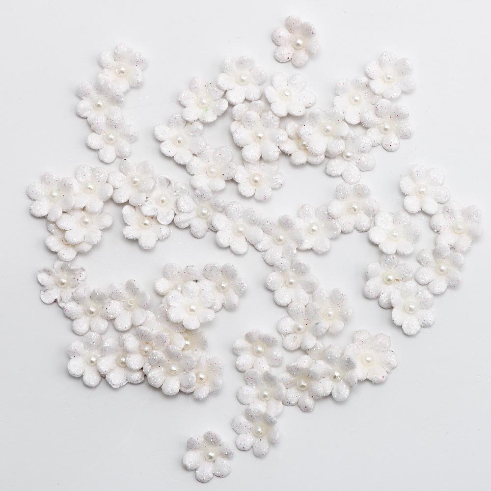 1cm Mini Glitter Paper Craft Flowers - White (Pack of 60) — image 1
