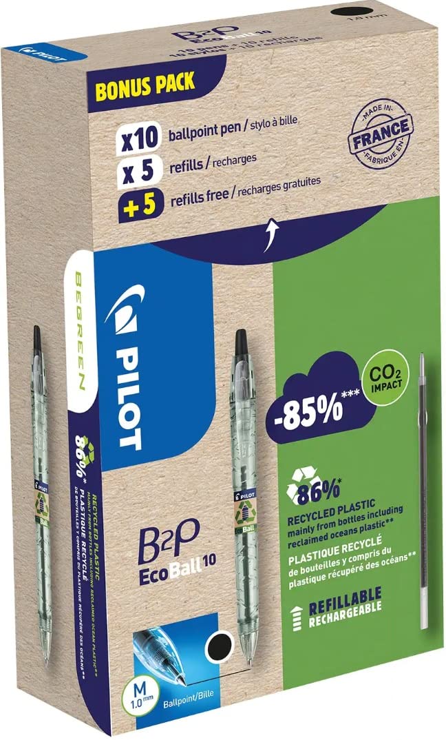 PILOT 94296 Bonuspack 10 Pens +10 Refill B2P, Ecoball Tip, 1 mm, Black, 32