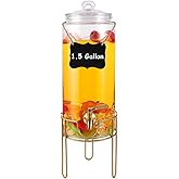 1.5 Gallon Drink dispenser, Glass Beverage Dispenser With Stand, Drink Dispensers for Parties With Stainless Steel Spigot + Marker & Chalkboard 100% Leakproof. Perfect For Parties And Daily Use