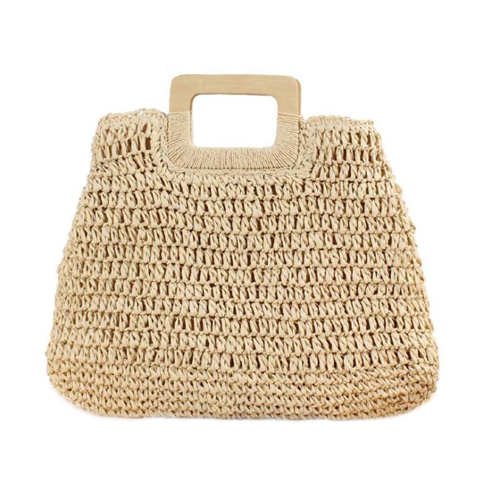 VOANZO New Western Style Retro Simple Handmade Paper Rope Woven Large Capacity Beach Travel Bag, Hand-Held Hollow Straw Woven Female Bag（Creamy-White）