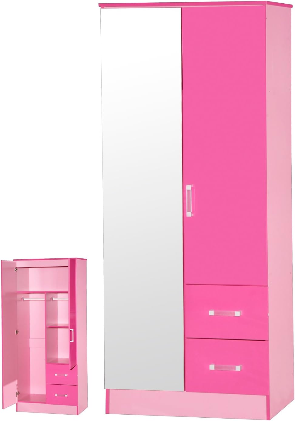 Furnihaus Marina High Gloss Mirrored Combination Wardrobe with 2 Drawers